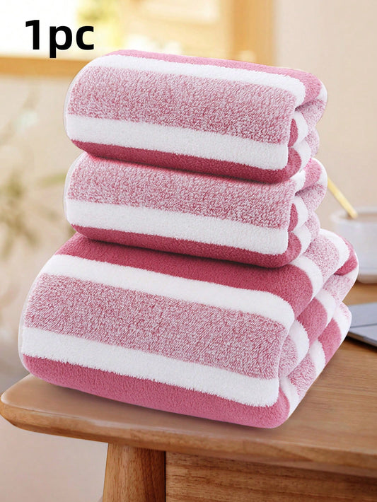 1pc Wide Striped Solid Color Bordered Bath Towel 35x75cm, Super Soft Highly Absorbent Quick Drying Coral Fleece, Hang Capable, Unisex, Suitable For Bathroom, Indoor, Living Room, Kitchen, Swimming, Gym, Travel, Christmas, New Year Gift Pink