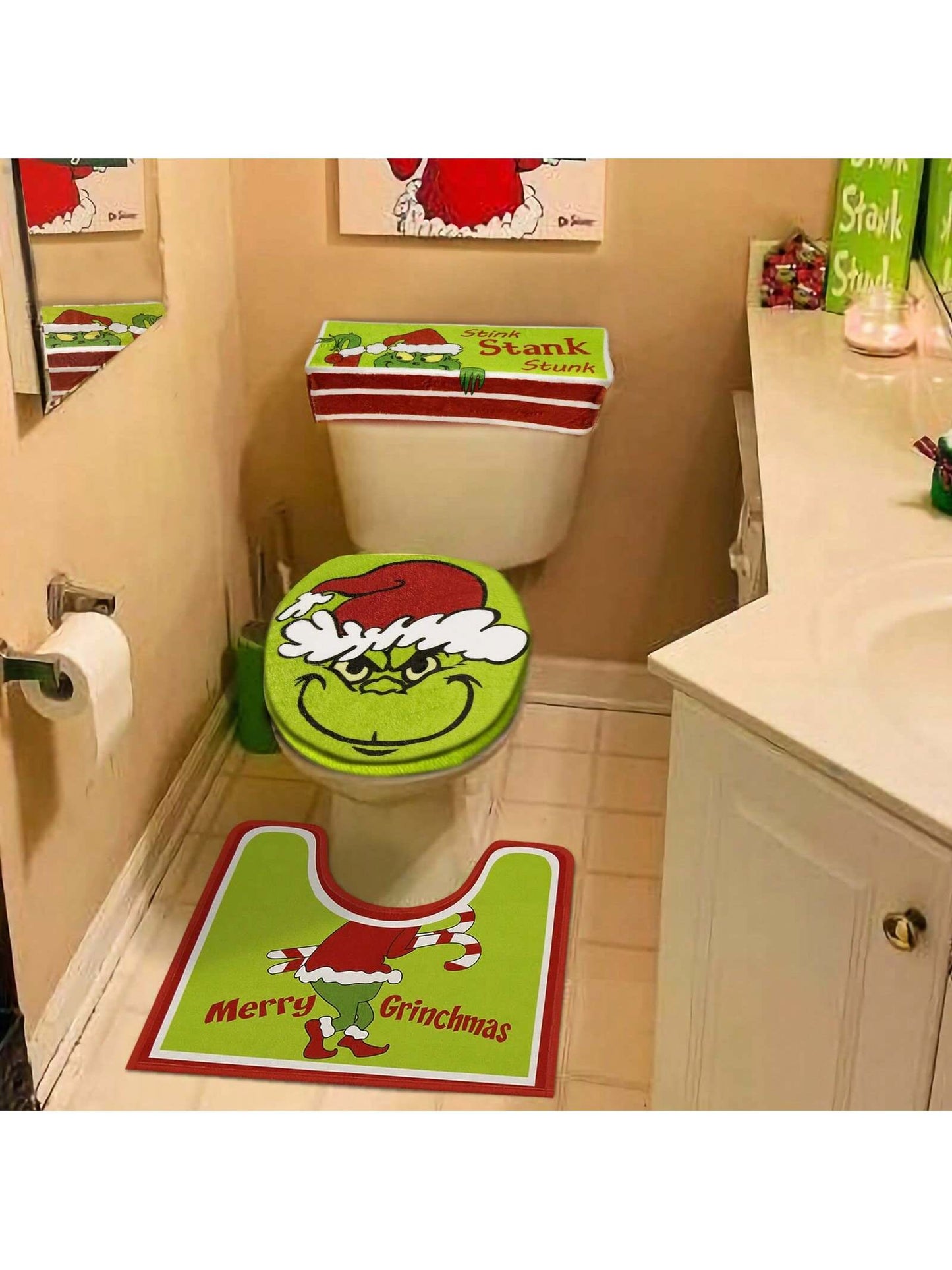 Christmas Decoration - Christmas Bathroom Sets - Indoor Home Bathroom With Creative Light Luxury Christmas Decorative Toilet Cover And Rug Three Piece Set Green