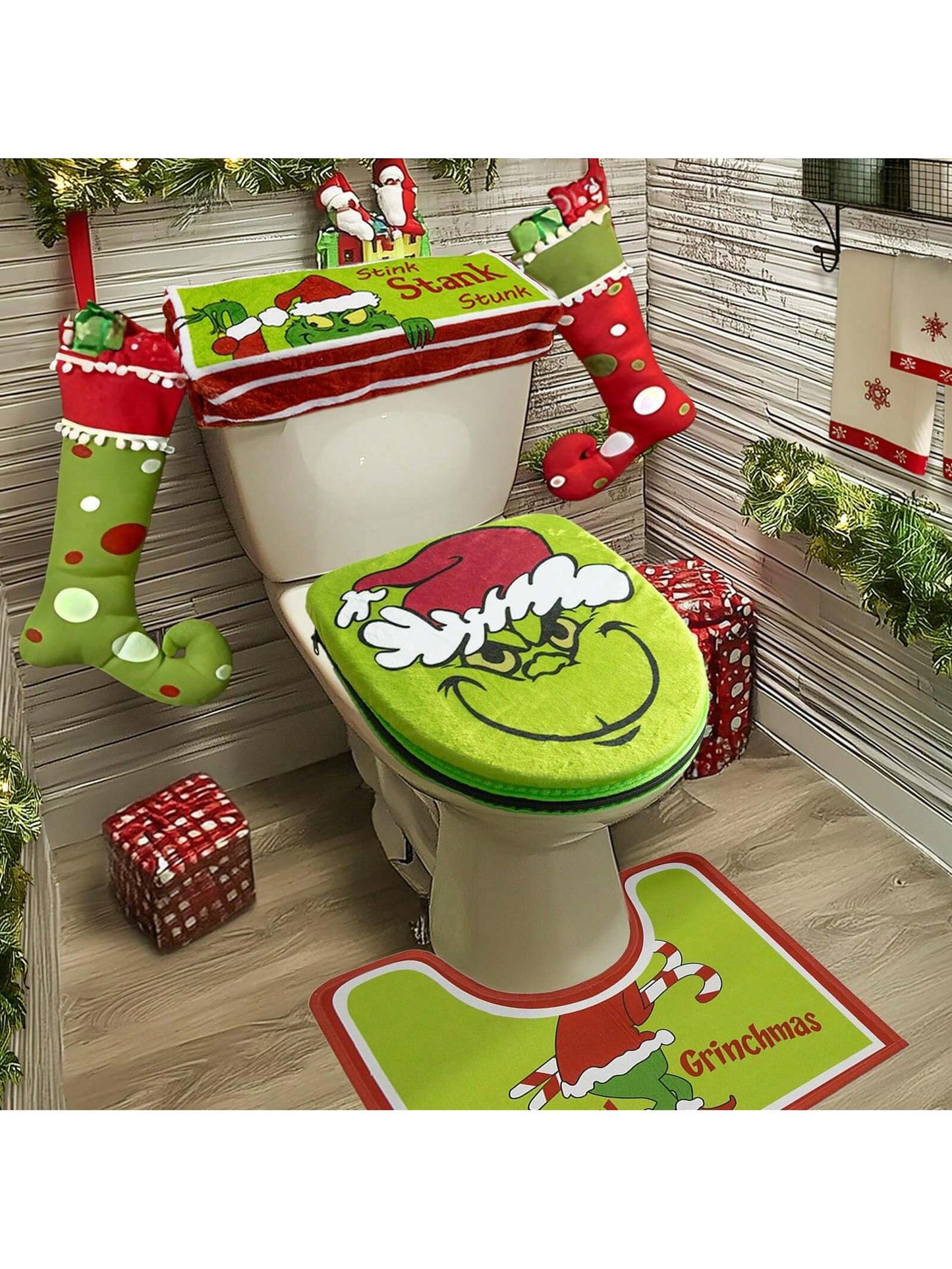 Christmas Decoration - Christmas Bathroom Sets - Indoor Home Bathroom With Creative Light Luxury Christmas Decorative Toilet Cover And Rug Three Piece Set Green