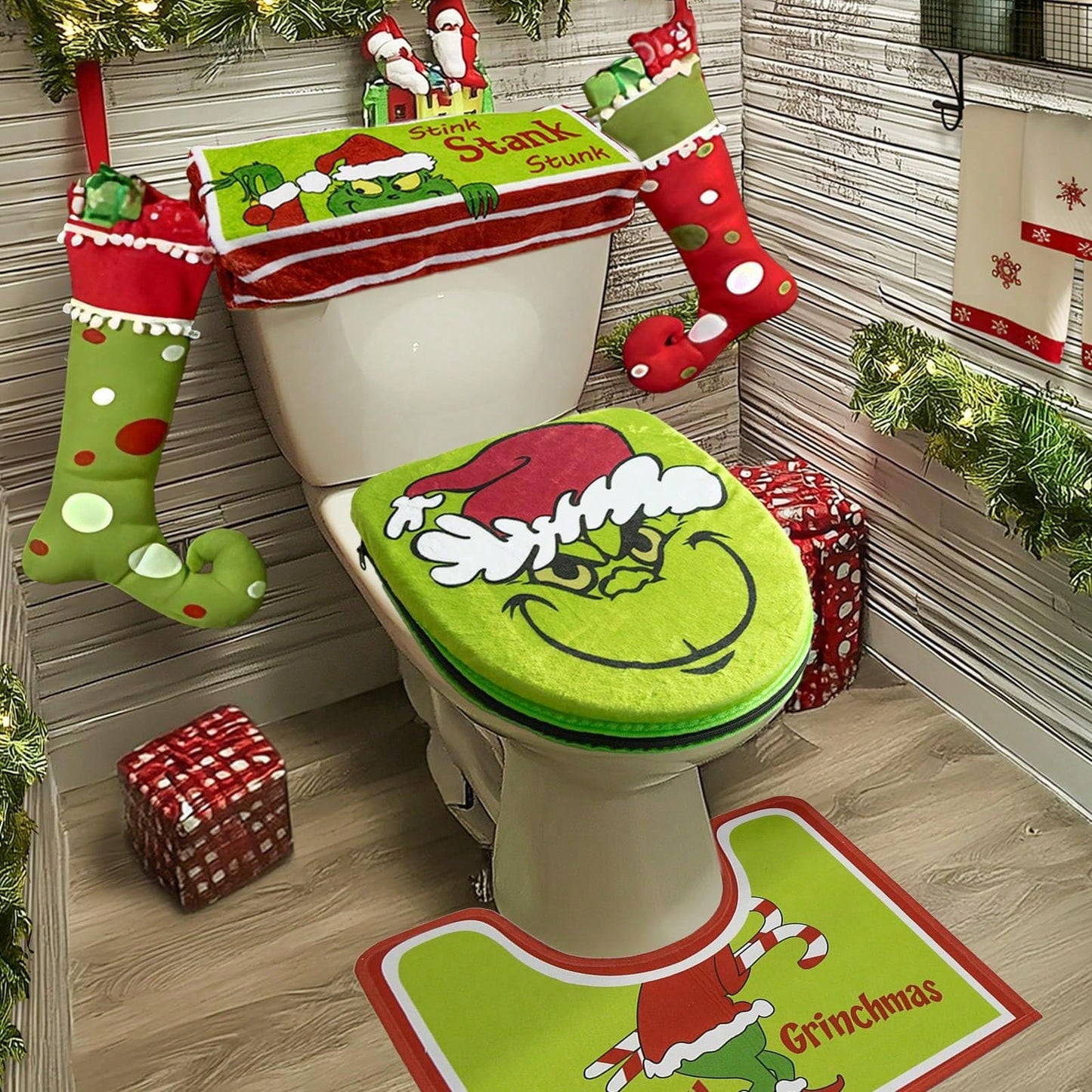 Christmas Decoration - Christmas Bathroom Sets - Indoor Home Bathroom With Creative Light Luxury Christmas Decorative Toilet Cover And Rug Three Piece Set Green