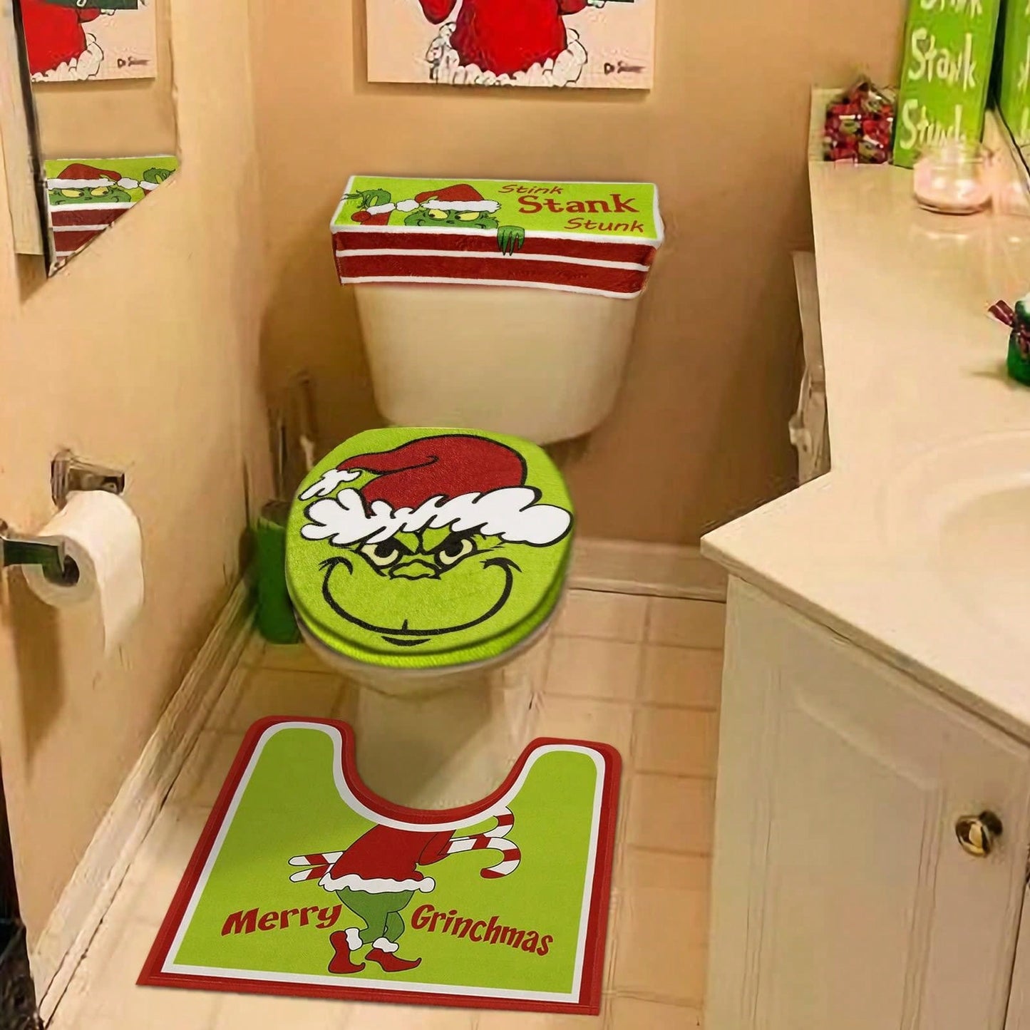 Christmas Decoration - Christmas Bathroom Sets - Indoor Home Bathroom With Creative Light Luxury Christmas Decorative Toilet Cover And Rug Three Piece Set Green