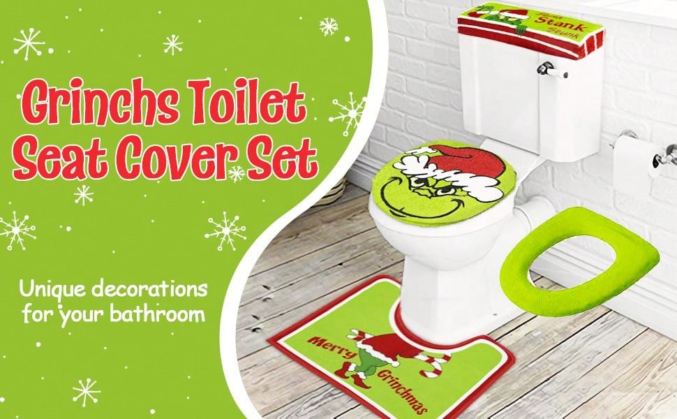 Christmas Decoration - Christmas Bathroom Sets - Indoor Home Bathroom With Creative Light Luxury Christmas Decorative Toilet Cover And Rug Three Piece Set Green