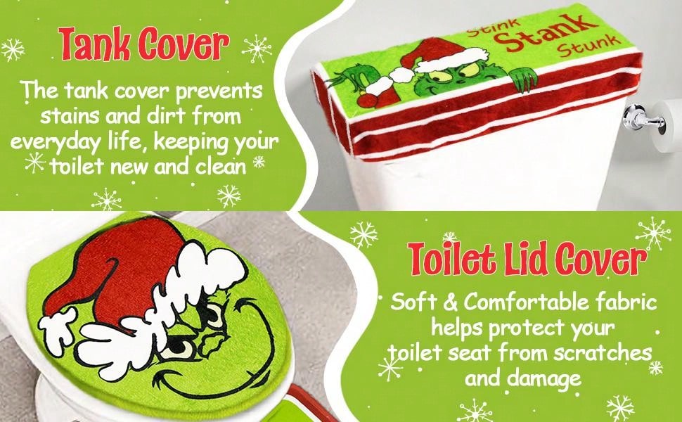 Christmas Decoration - Christmas Bathroom Sets - Indoor Home Bathroom With Creative Light Luxury Christmas Decorative Toilet Cover And Rug Three Piece Set Green