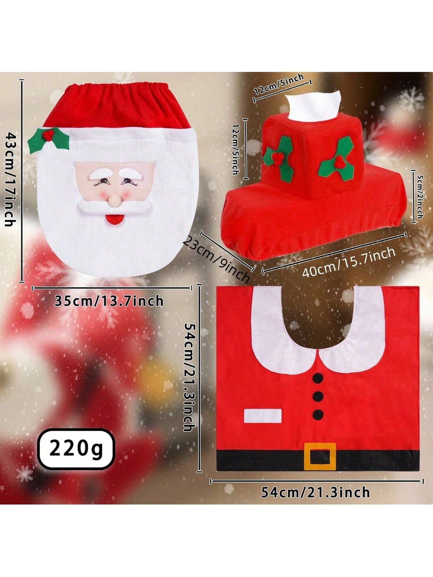 3 Pieces Christmas Toilet Seat Cover, Santa Toilet Seat Cover And Rug Set For Christmas Bathroom Decorations Easy Install Whitered