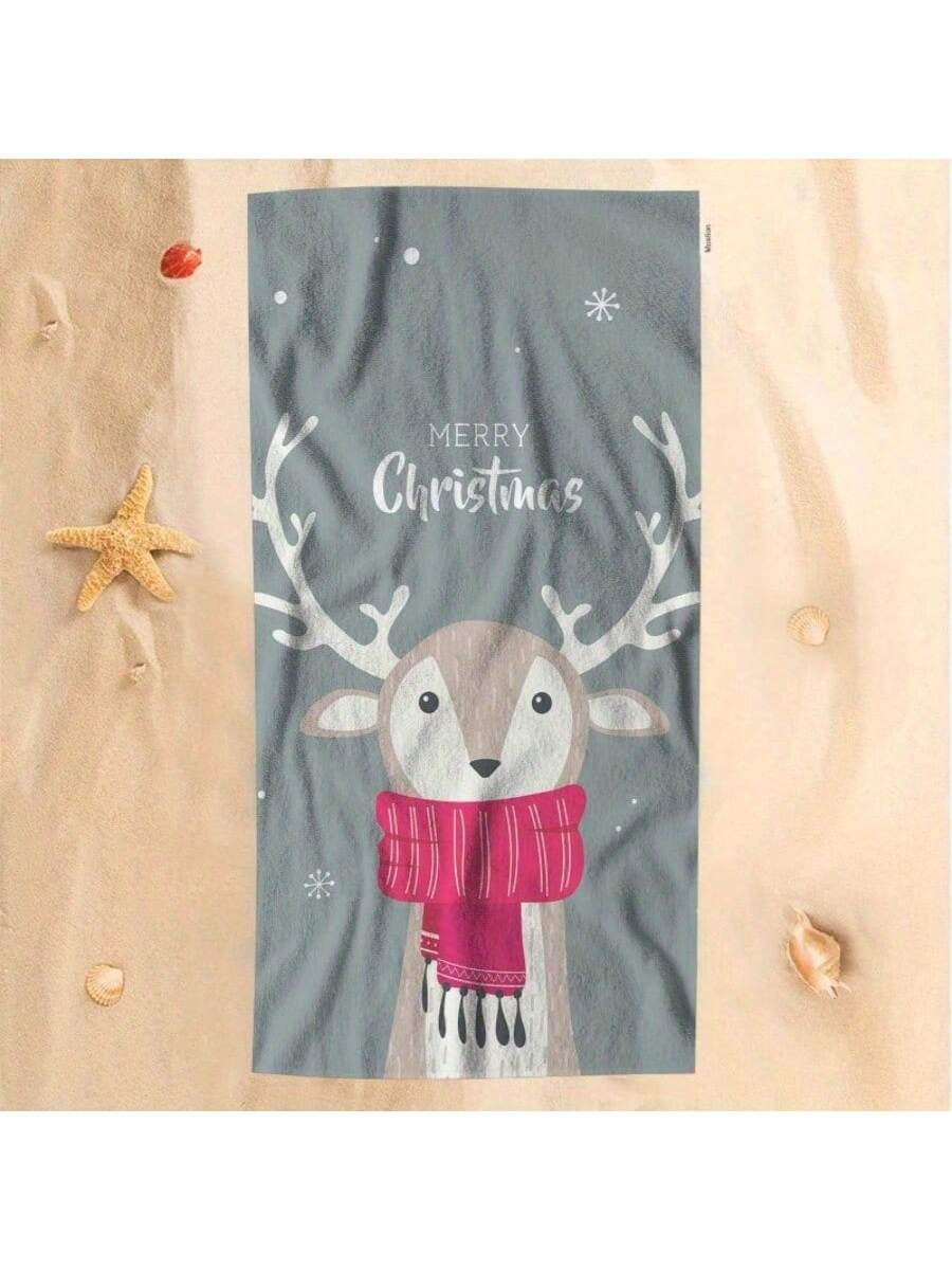 An 18x26 Inch Polyester Cartoon Deer Bath Towel In Soft Microfiber, Winter Christmas Theme With Scarf And Antlers, Machine Washable, Modern Style, Rectangular Beach Towel For Children And Infants Dusty Blue