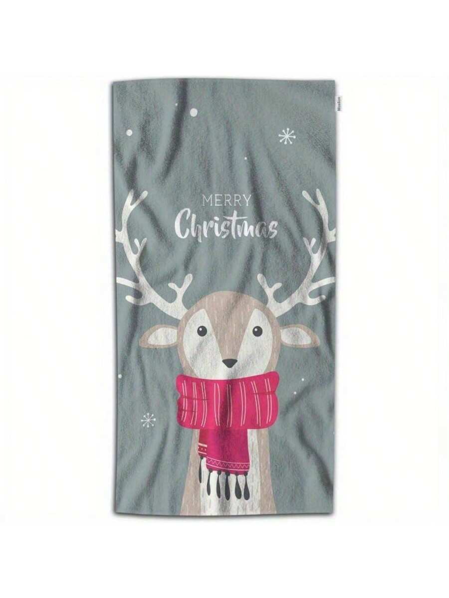 An 18x26 Inch Polyester Cartoon Deer Bath Towel In Soft Microfiber, Winter Christmas Theme With Scarf And Antlers, Machine Washable, Modern Style, Rectangular Beach Towel For Children And Infants Dusty Blue