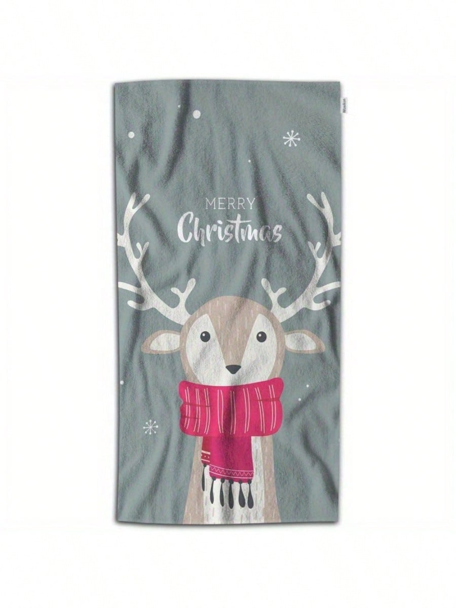 An 18x26 Inch Polyester Cartoon Deer Bath Towel In Soft Microfiber, Winter Christmas Theme With Scarf And Antlers, Machine Washable, Modern Style, Rectangular Beach Towel For Children And Infants Dusty Blue