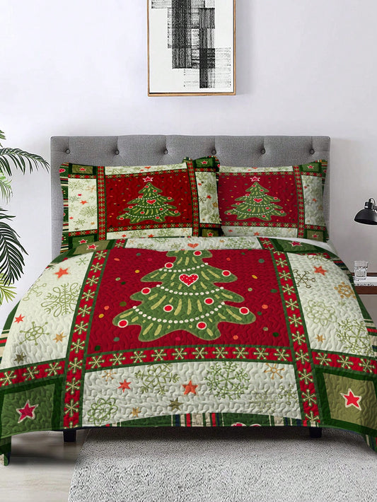 3 Piece Cute Christmas Tree Quilt Set Red Green Snowflakes Pattern Bedspread Lightweight Coverlet Summer Comforter Set Bed Cover(Curve) Multicolor