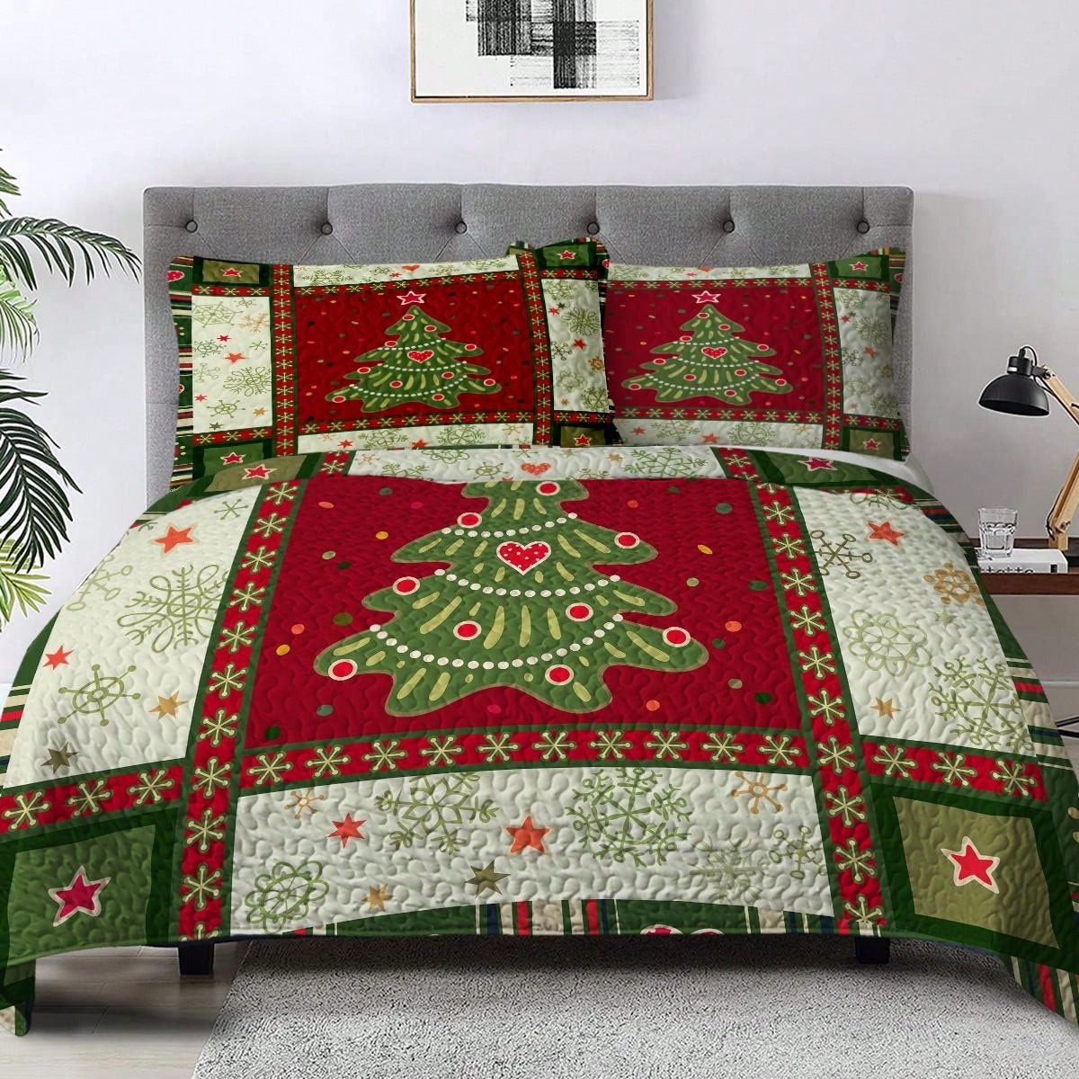 3 Piece Cute Christmas Tree Quilt Set Red Green Snowflakes Pattern Bedspread Lightweight Coverlet Summer Comforter Set Bed Cover(Curve) Multicolor