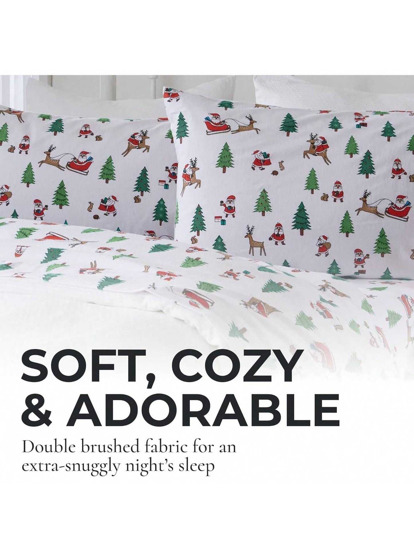 Christmas Flannel Sheet Set Full Size - 100% Turkish Cotton, Double-Brushed, Winter Bed Sheets - Ultra-Soft, Cozy, 4-Piece Christmas Bedding Set (Santa) Santa