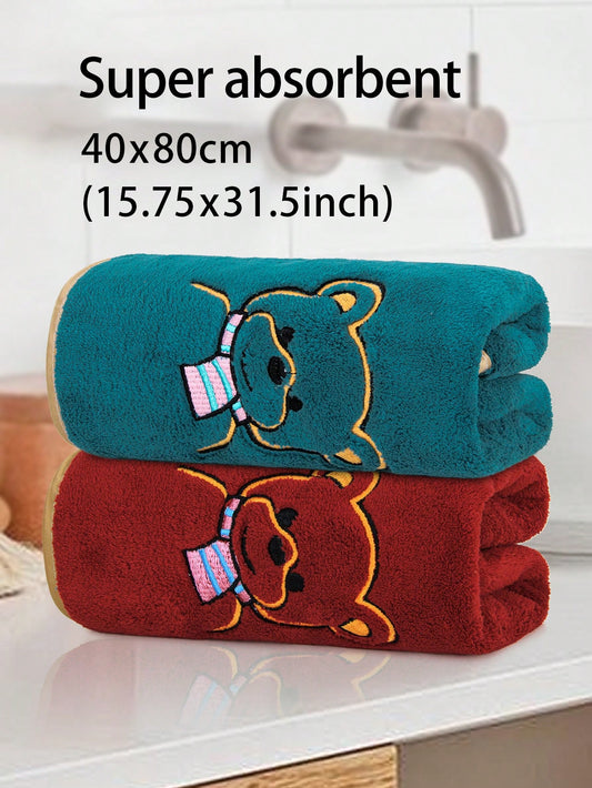 2pcs Extra Large Coral Fleece Absorbent Quick Dry Bear Embroidery Hanging Bath Towels, Soft & Comfortable, Shed-Free, Suitable For Bathroom, Swimming, Gym, Christmas Gift, New Year Present, Kitchen, Dormitory Multicolor