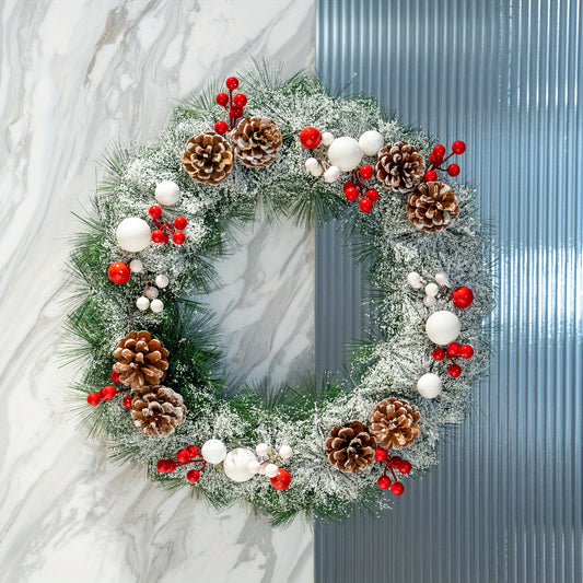 20 Inch Pine Needle Christmas Wreath, Red Fruit Pine Cone Decorations, Holiday Decorations For Christmas, Party, Home