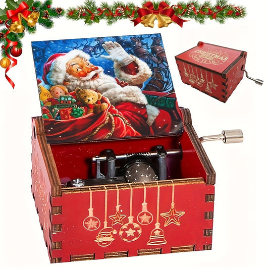 Hand-Cranked Vintage Wooden Music Box with Santa Claus Pattern - Mechanical Movement, Christmas Holiday Edition, Exquisite Retro Laser Engraved Design - Ideal for Christmas and Birthday Gifts, Charming Home Decor, 1pc