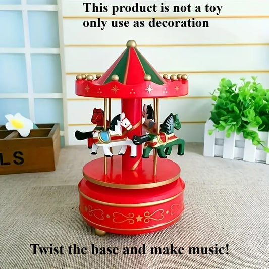 1pc Vintage Christmas Carousel Music Box with Horses - Hand-Wound Mechanical Wind-Up Carousel Organ, Festive Red Decorative Collection, Ideal for Christmas, Halloween, New Year, Graduation - No Electricity Required