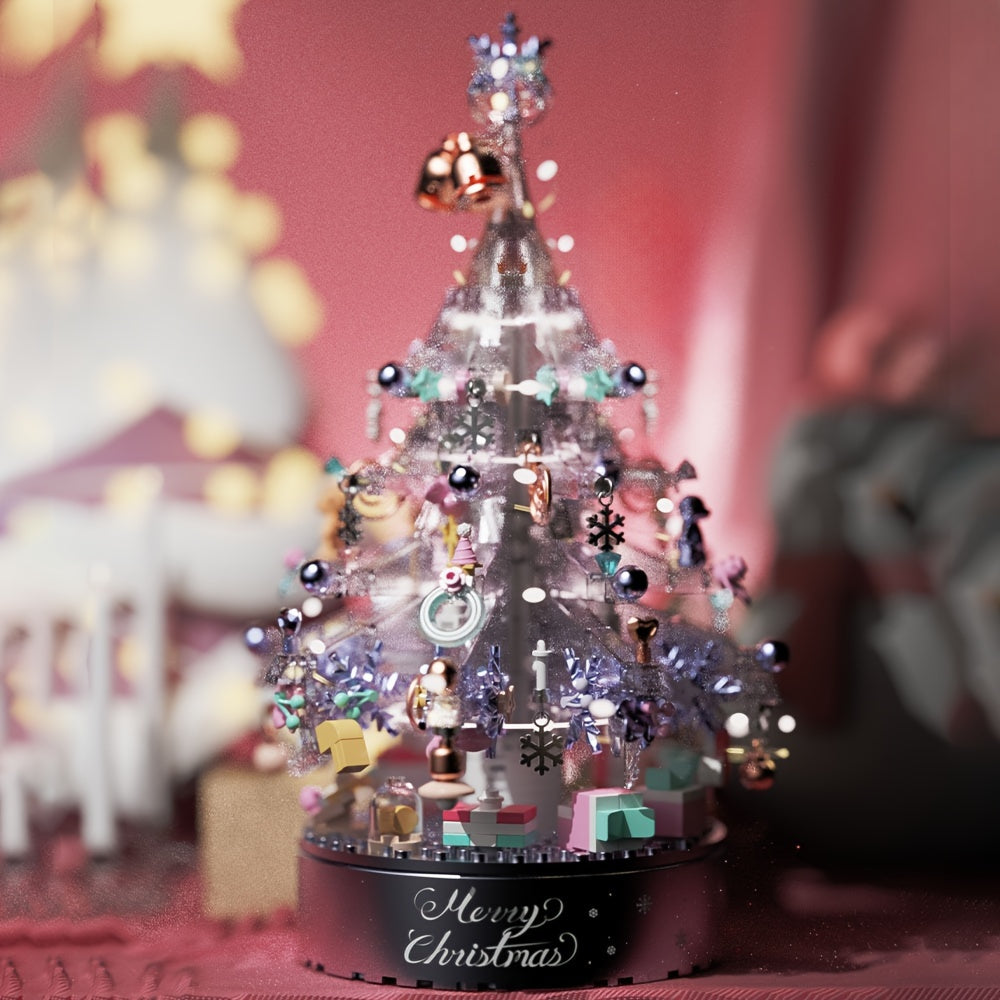 Purple Christmas Tree Music Box Building Blocks With Light And Gift Bag ToysGifts For Adult Home Decoration