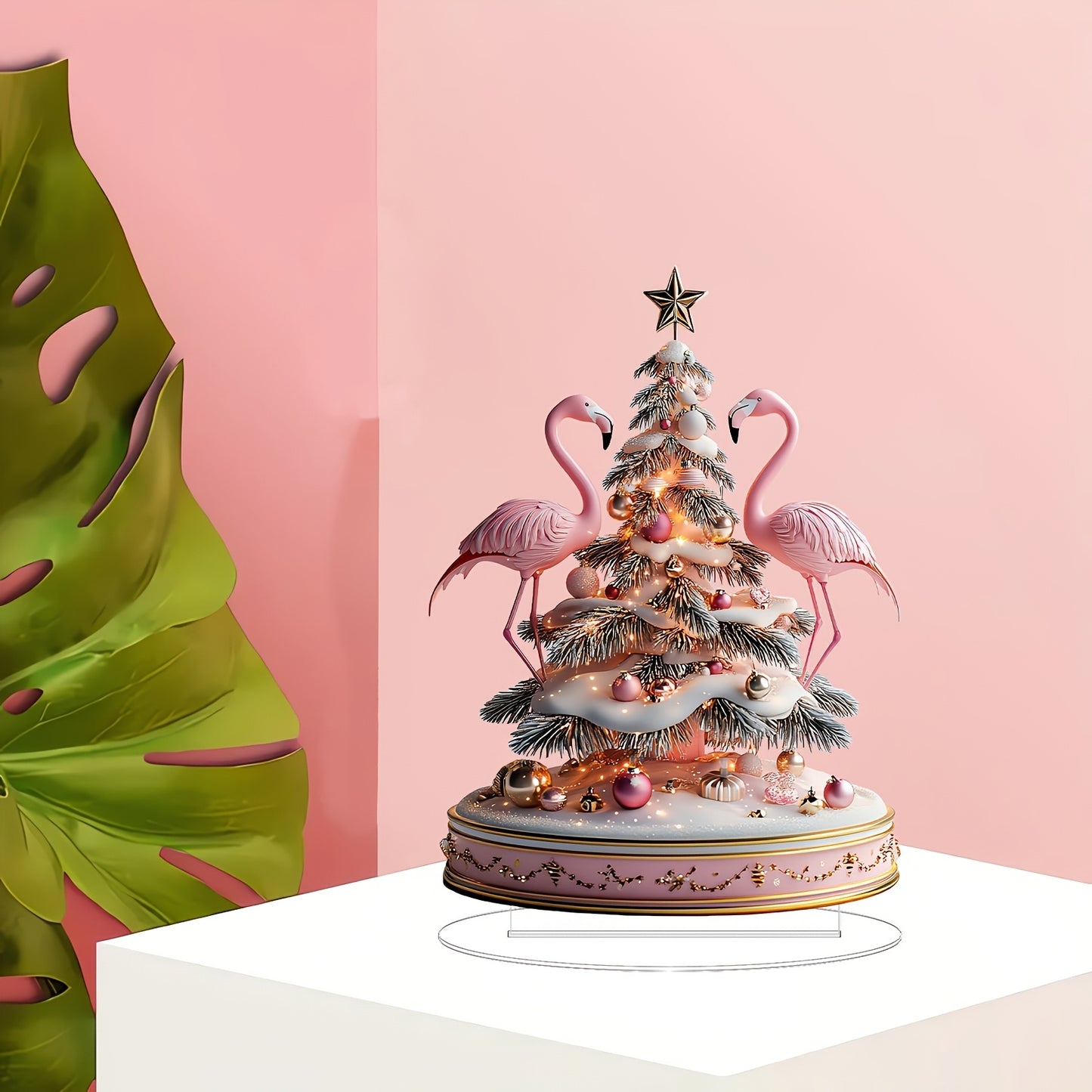 Classic Flamingo Christmas Tree Music Box - Acrylic Desktop Ornament with Stand, Moisture-Proof & Easy Assembly, Perfect for Home, Party, Bedroom, Living Room Decor & Holiday Gifts