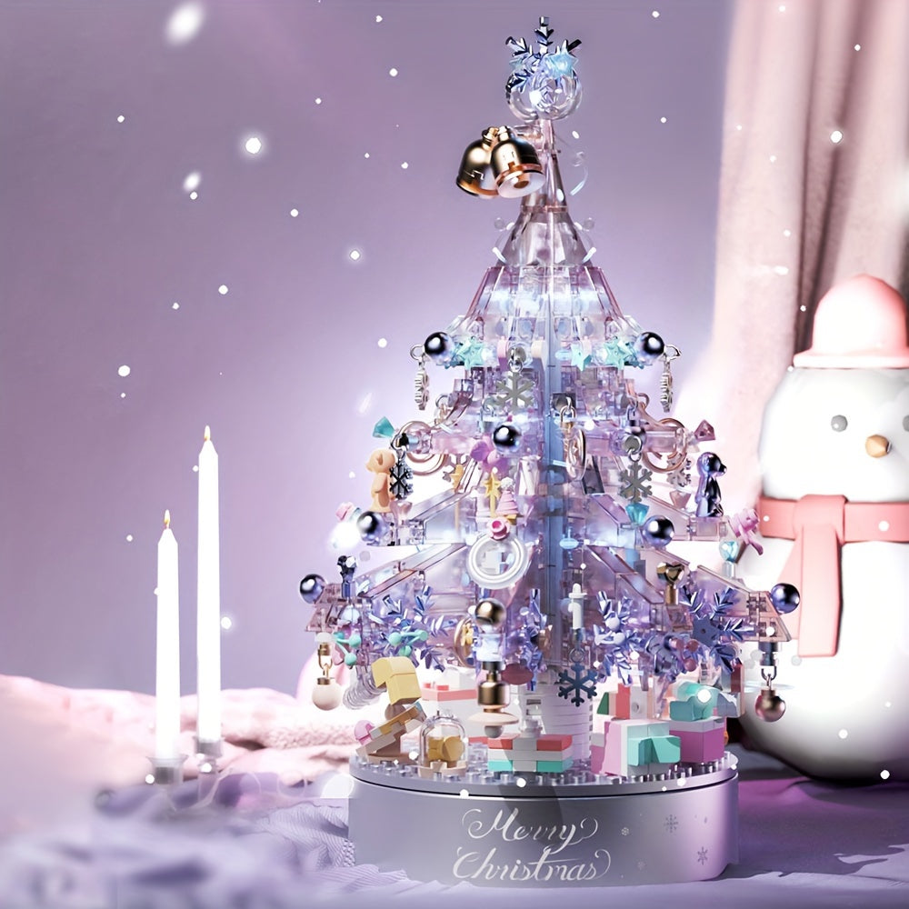 Purple Christmas Tree Music Box Building Blocks With Light And Gift Bag ToysGifts For Adult Home Decoration