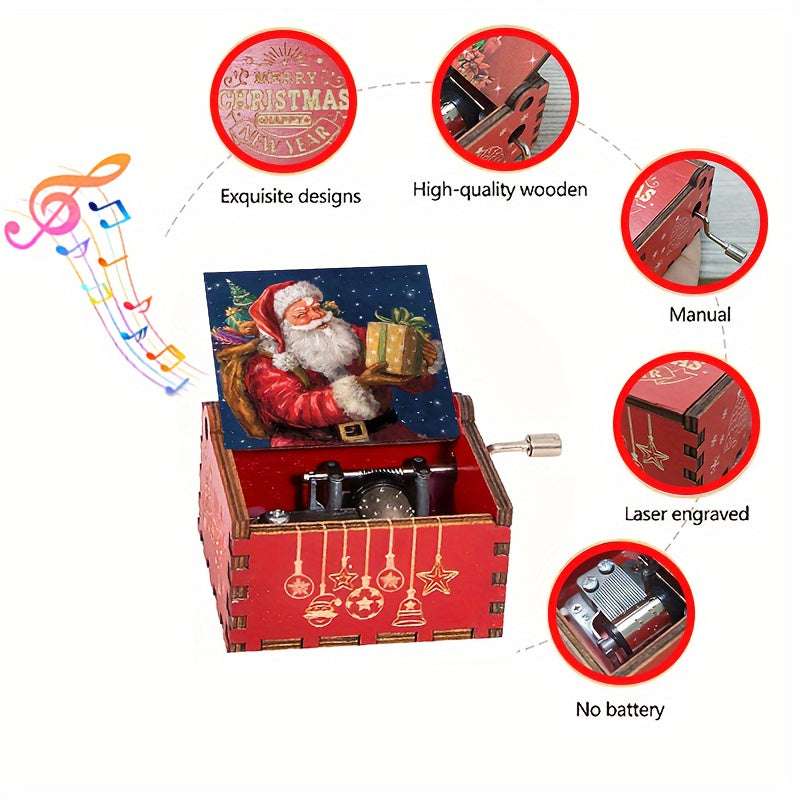 1pc Hand-Cranked Wooden Music Box with Santa Claus Design - Perfect Christmas & Birthday Gift for Friends, Family, and Loved Ones