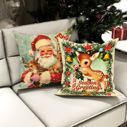 4pcs Merry Christmas Santa Claus Deer Gift Velvet Throw Pillow Covers Farmhouse Vintage Red Green Cosy Soft Decorative Pillowcases One Sided Printing 18in*18in for Xmas Winter Living Room Bedroom Sofa Bed Decor Without Pillow Inserts