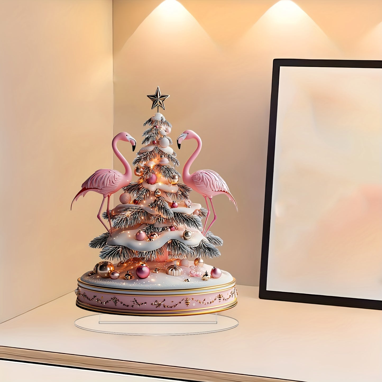 Classic Flamingo Christmas Tree Music Box - Acrylic Desktop Ornament with Stand, Moisture-Proof & Easy Assembly, Perfect for Home, Party, Bedroom, Living Room Decor & Holiday Gifts