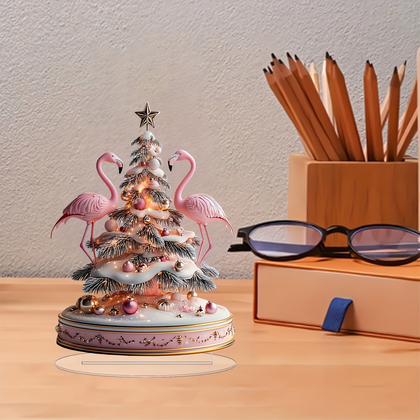 Classic Flamingo Christmas Tree Music Box - Acrylic Desktop Ornament with Stand, Moisture-Proof & Easy Assembly, Perfect for Home, Party, Bedroom, Living Room Decor & Holiday Gifts