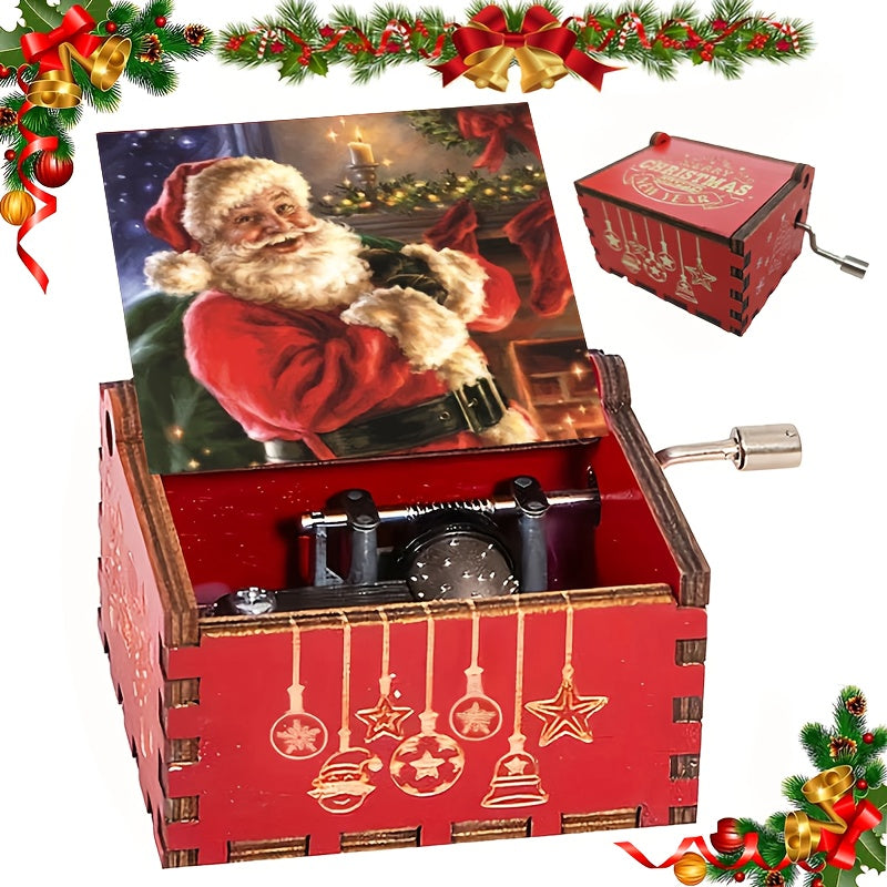 1pc Hand-Cranked Wooden Music Box with Santa & Christmas Stocking Design - Perfect Holiday Gift for Friends, Family, and Birthdays, Best for Christmas, Perfect for Room Decor